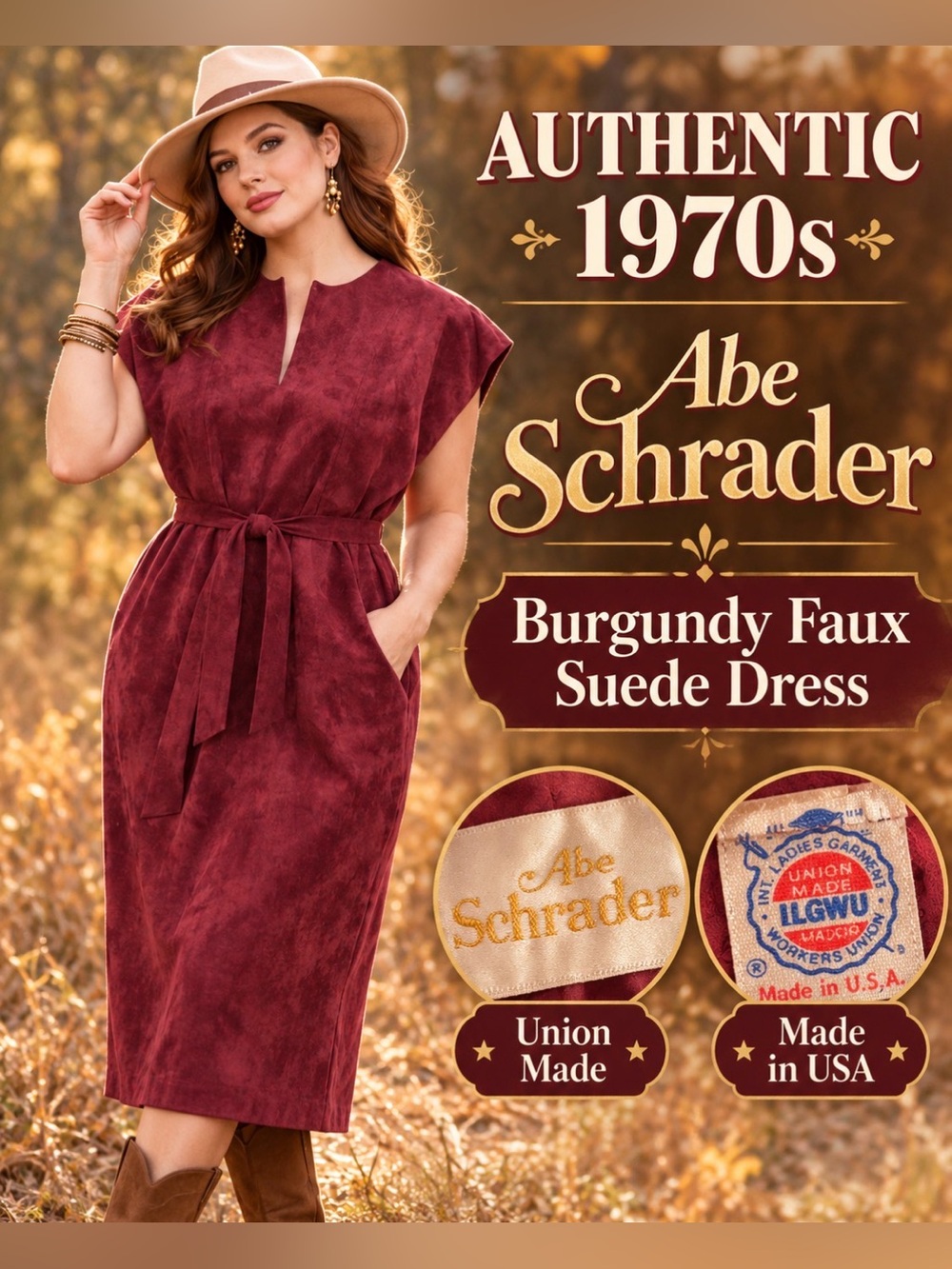 Vintage 70’s - Abe Schrader/ Faux Suede dress with sash belt notched neckline